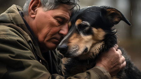 Portrait of a senior man with his dog in the forest.の素材