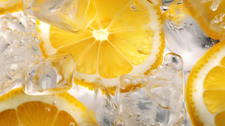 Close-up of lemon slices in ice cubes. Abstract background.の素材