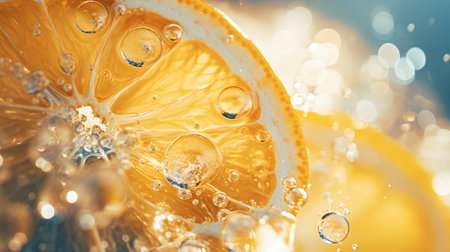 Lemon and orange slices with water drops close-up macro photographyの素材