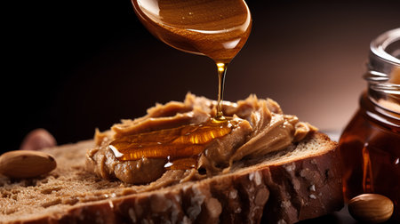 Honey dripping from a wooden spoon on a slice of bread.の素材