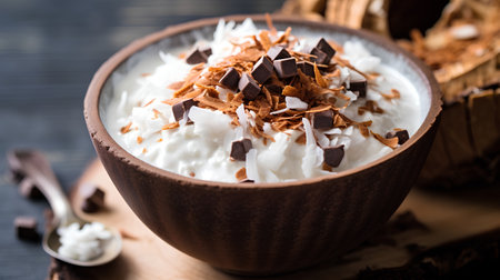 Coconut ice cream with chocolate chips in a bowl on a wooden tableの素材