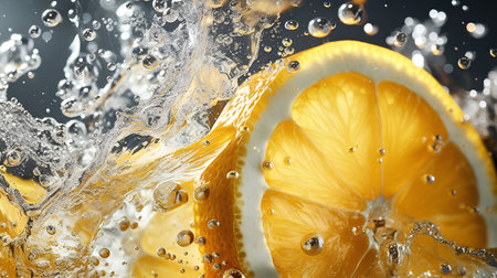 Slices of lemon in water with splash on black background.の素材