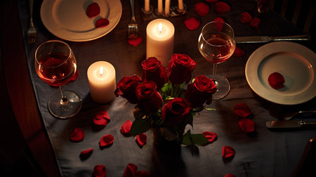 Valentine's Day table setting with red roses, candles and glasses of wineの素材