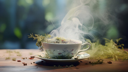 cup of hot steaming tea with herbs and spices on wooden tableの素材