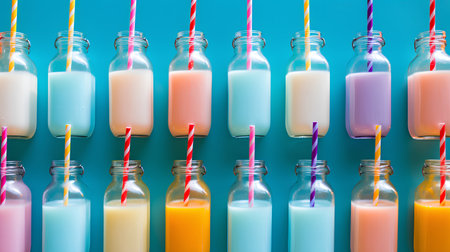 Variety of colorful drinks in bottles on blue background, top viewの素材