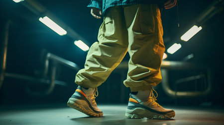Close up of male legs in sportswear on dark background.の素材