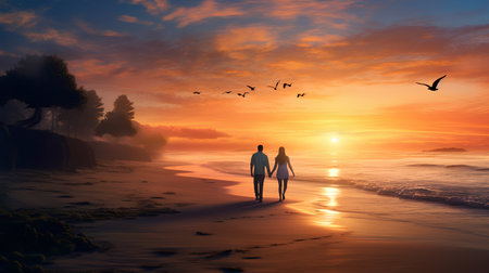 Couple walking on the beach at sunset. This is a 3d render illustrationの素材