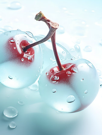Cherries with water drops on blue background. 3d illustrationの素材