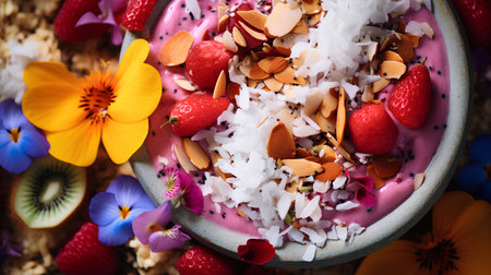 Raspberry, kiwi and coconut smoothie bowl with chia seeds, coconut flakes and edible flowersの素材