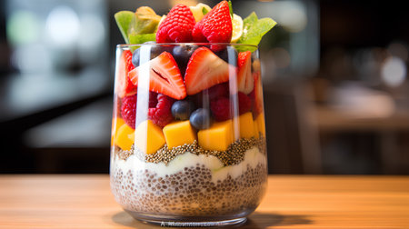 Chia seed pudding with fruits and berries in glass on wooden tableの素材