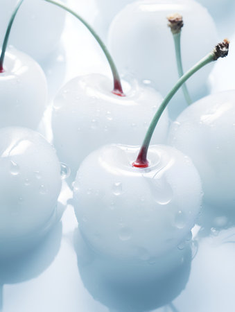 Cherries with water drops on a white background. Close-up.の素材