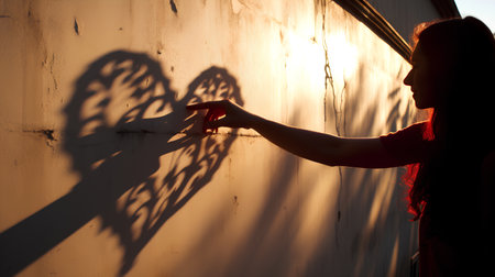Silhouette of a girl in a red dress in the sunlightの素材