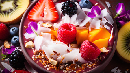 Chia seed pudding with fresh fruits and nuts. Healthy breakfast.の素材