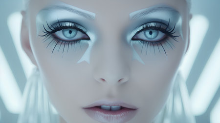 Digital Illustration of a Female Face with Futuristic Eyes and Makeupの素材