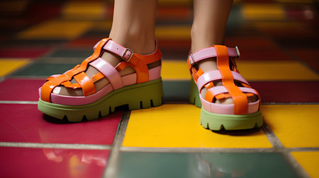 Female legs in orange and green sandals on a colorful tile backgroundの素材