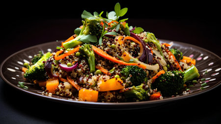 Salad with quinoa and vegetables on a black background. Selective focus.の素材