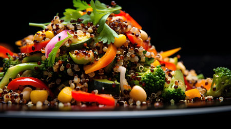 Salad with quinoa and vegetables on a black background. Healthy food.の素材