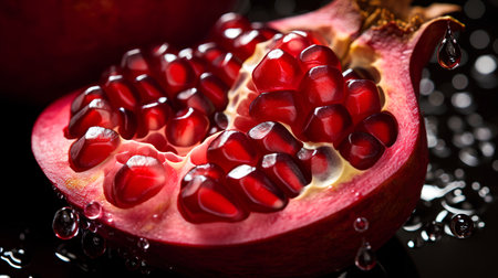 Pomegranate fruit with water drops on black background, closeupの素材