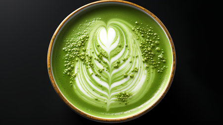 Green tea matcha latte on black background. 3d renderingの素材