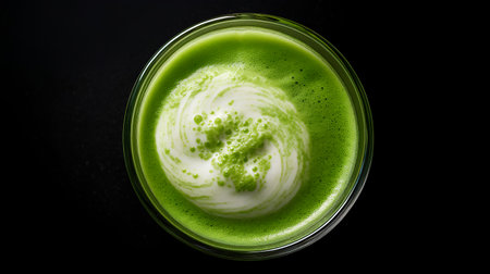 Green matcha latte in petri dish on black background.の素材