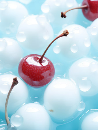 Close up of fresh cherries in water with bubbles on blue backgroundの素材