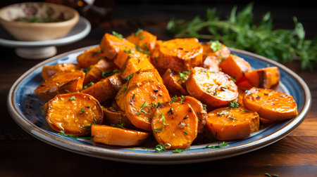 Roasted sweet potato with herbs on rustic wooden background, selective focus.の素材