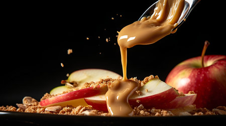 Pouring caramel on a bowl of granola with red apples on black backgroundの素材