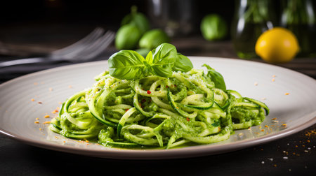 Spaghetti with zucchini, pesto sauce and basil leavesの素材