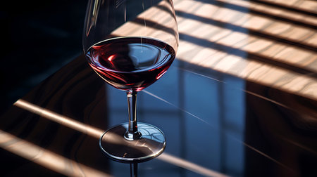 Glass of red wine on a background of a window with blindsの素材