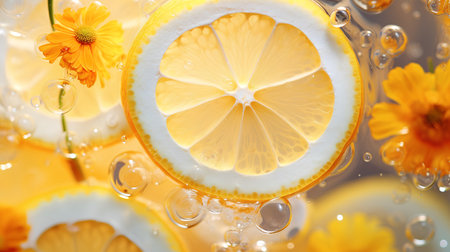 Lemon slices in water with bubbles, closeup. Citrus backgroundの素材