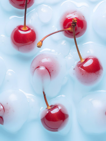 Cherries in water on a white background. Top view.の素材