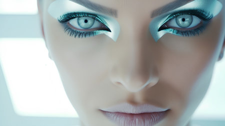Close-up portrait of a beautiful young woman with blue eyes and professional make-upの素材