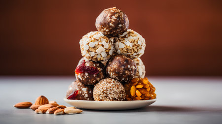 Chocolate candies with nuts, raisins and almonds on wooden background.の素材