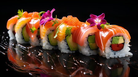 Sushi rolls with salmon, avocado, red caviar and wasabi on black backgroundの素材