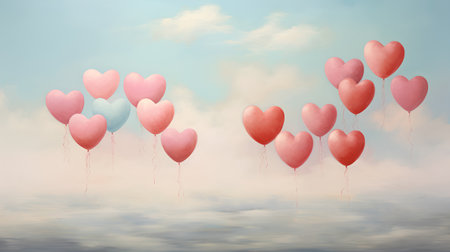 Valentine's day background with heart shaped balloons in the skyの素材