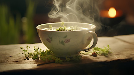 Cup of tea with herbs on wooden table. Selective focusの素材