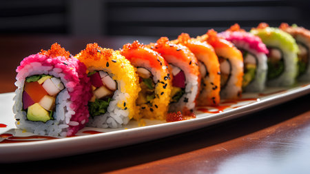 Sushi roll with salmon, avocado, cucumber and red caviarの素材