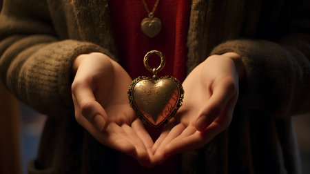 Female hands holding a heart shaped pendant on a dark background.の素材