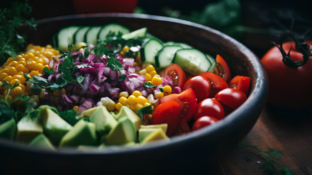 Fresh vegetable salad with avocado, corn, tomato, cucumber and onion in wooden bowlの素材