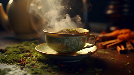 Tea in a cup on a saucer with a pattern of green mossの素材