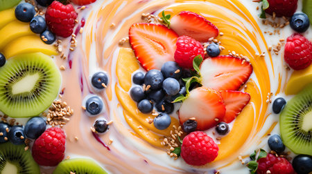 Healthy breakfast with yogurt, berries and fruits. Top view.の素材