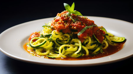Spaghetti with zucchini and tomato sauce on a white plateの素材