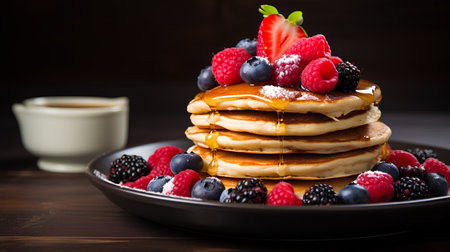 Stack of pancakes with berries and maple syrup on a dark wooden backgroundの素材