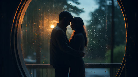 Silhouette of a loving couple standing near the window in the rainの素材