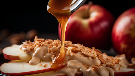 Pouring caramel on apple slices with chocolate sauce. Selective focus.の素材