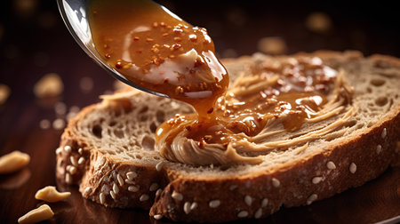 Peanut butter spread on a slice of bread. Close up.の素材