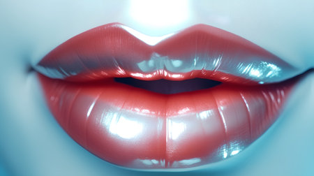 Beautiful female lips with red lipstick. Close-up shot.の素材