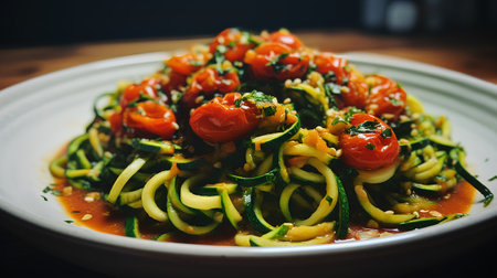 Spaghetti with zucchini, cherry tomatoes and sesame seedsの素材