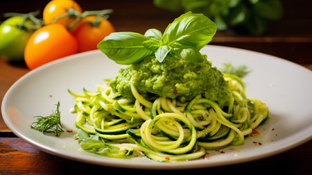 Spaghetti with pesto sauce, zucchini and fresh basilの素材