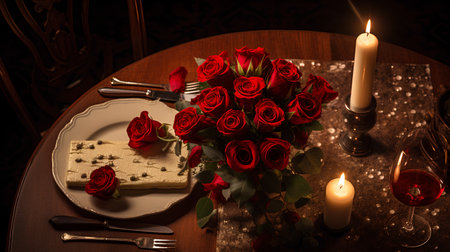 Romantic table setting with red roses and candles. Valentine's Day concept.の素材